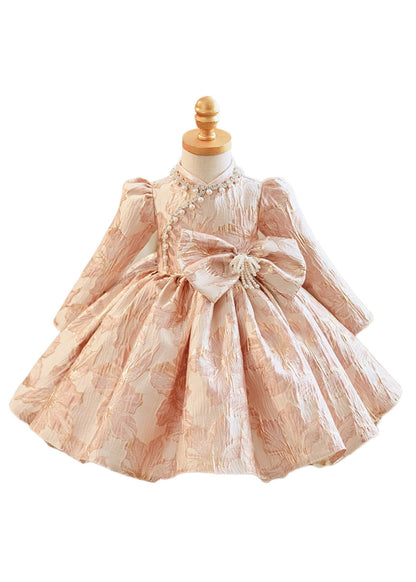 Unique Pink Bow Patchwork Pearl Thick Maxi Dress Puff Sleeve Rp038