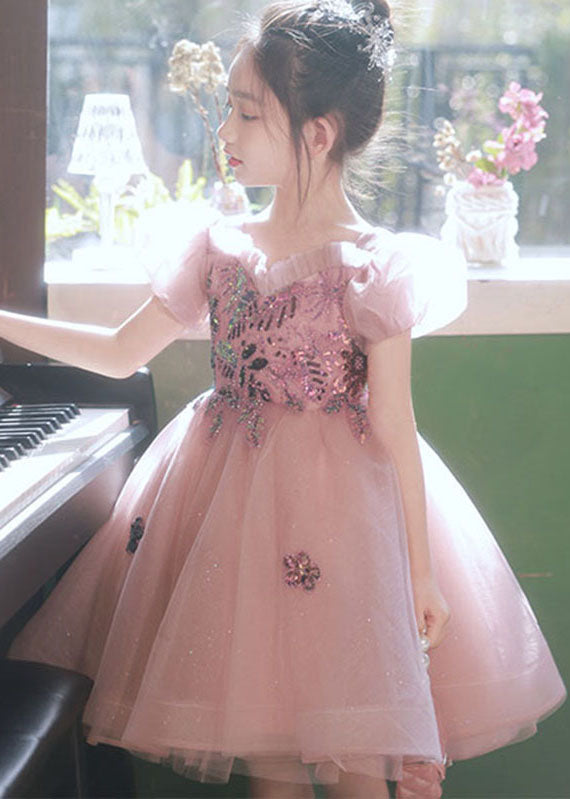 Unique Pink Sequins Patchwork Tulle Kids Long Dress Puff Sleeve Ye004