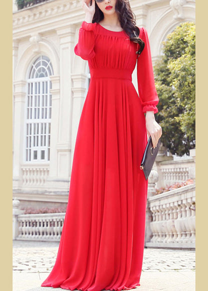 Unique Red O-neck Slim Chiffon Maxi Dress Spring Ly1712