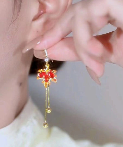 Unique Red Sterling Silver Overgild Zircon Maple Leaves Tassel Drop Earrings