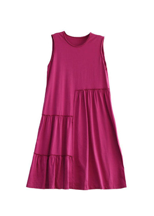 Unique Rose O-neck Wrinkled Cotton Maxi Dresses Sleeveless Tg1026