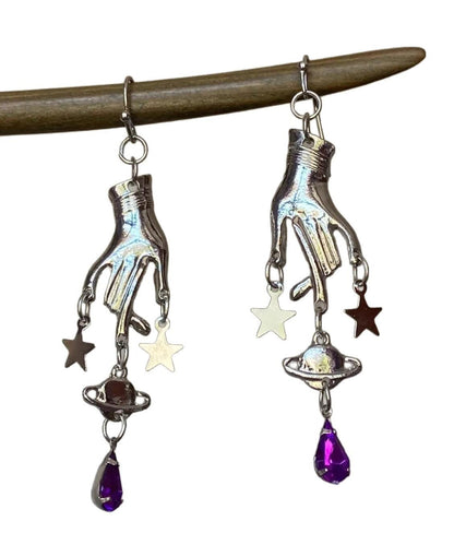 Unique Silk Stainless Steel Crystal Five-pointed Star Palm Drop Earrings