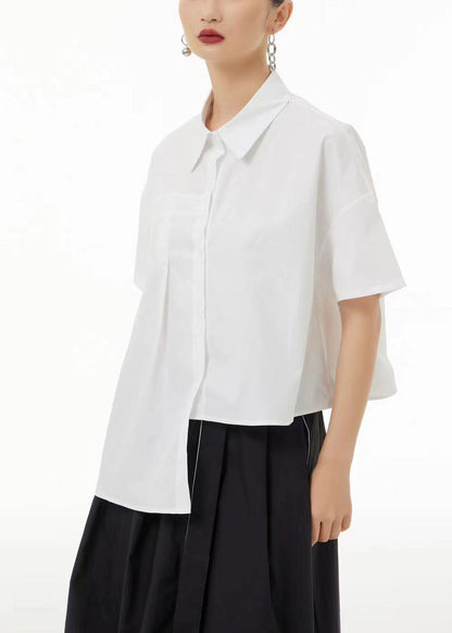 Unique White Low High Design Wrinkled Cotton Blouse Top Summer Ts1068