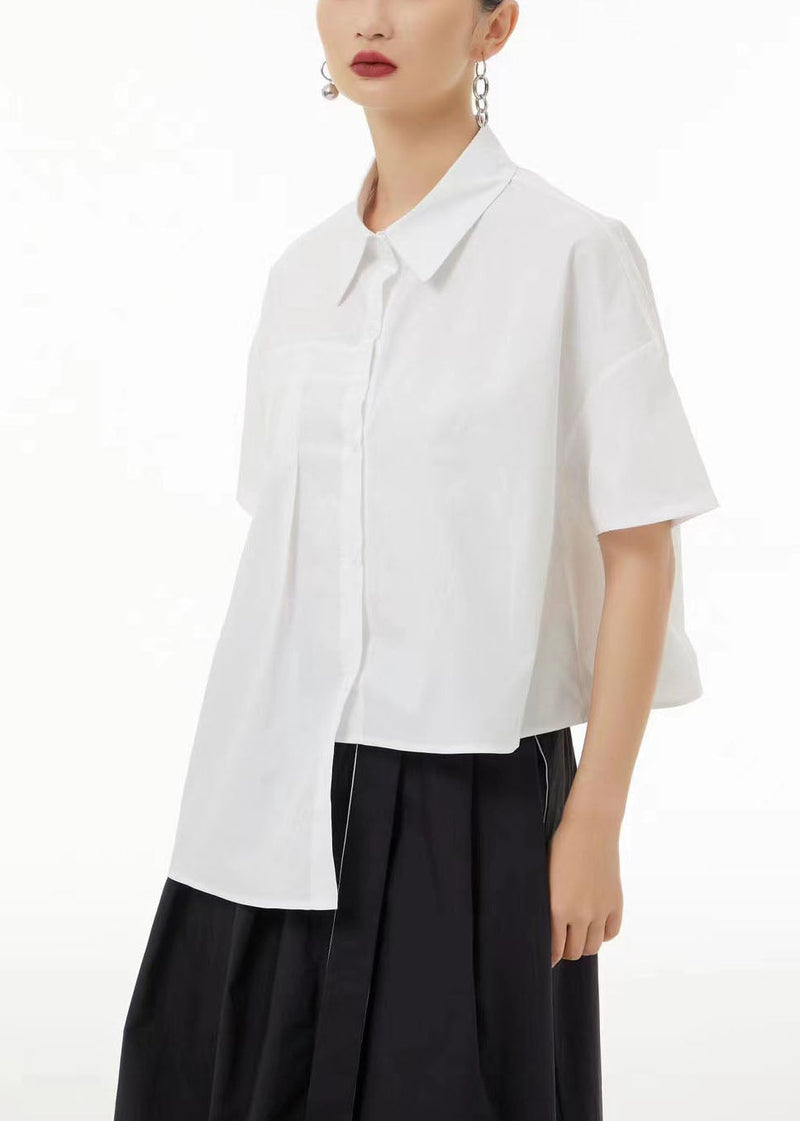 Unique White Low High Design Wrinkled Cotton Blouse Top Summer Ts1068