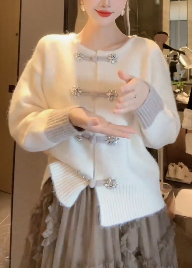 Unique White O Neck Chinese Button Knit Cardigan Fall We015