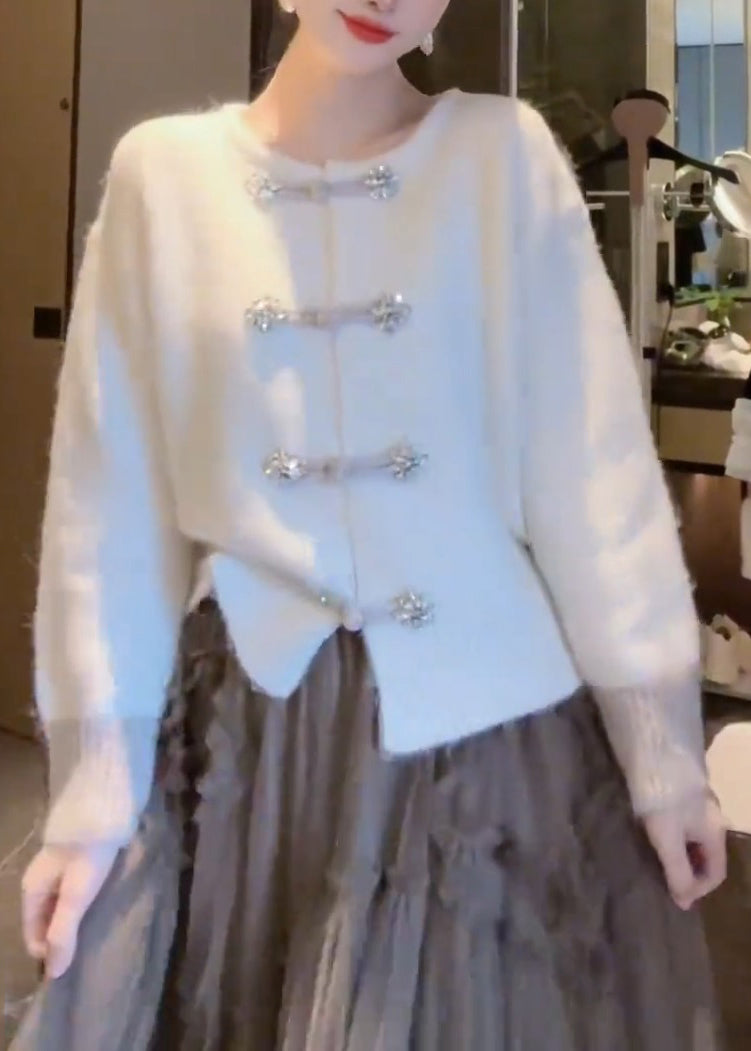 Unique White O Neck Chinese Button Knit Cardigan Fall We015