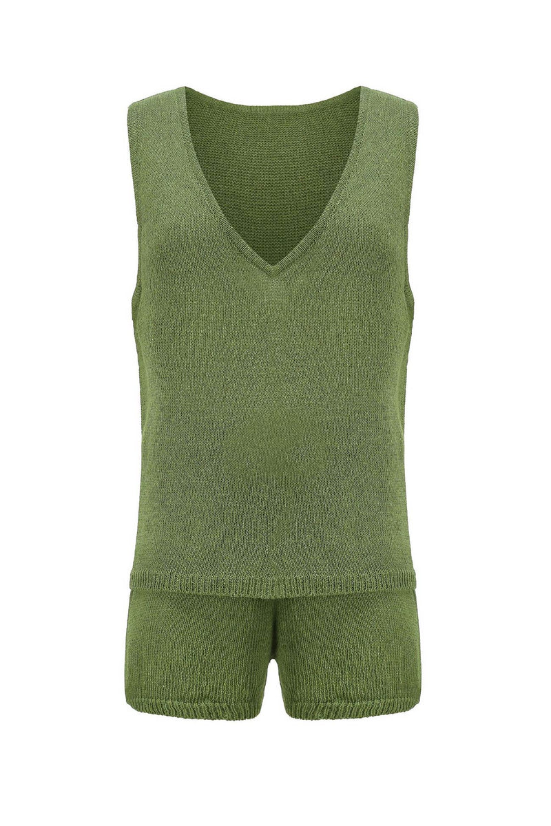 V Neck Knit Tank Top Shorts Suits