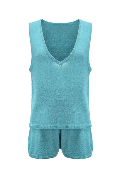 V Neck Knit Tank Top Shorts Suits