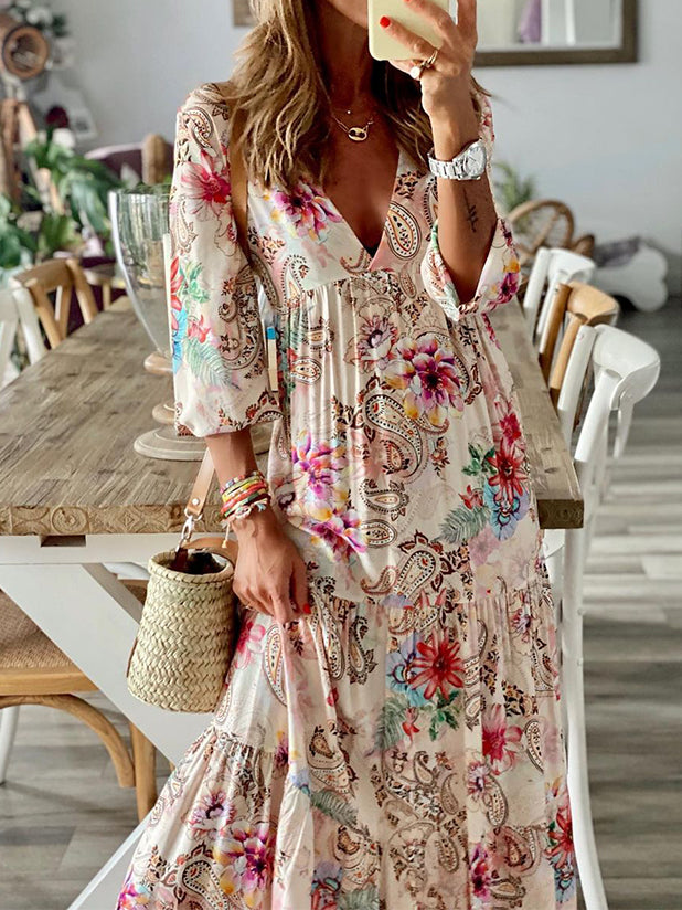 V Neck Long Sleeves Printed Maxi Dress