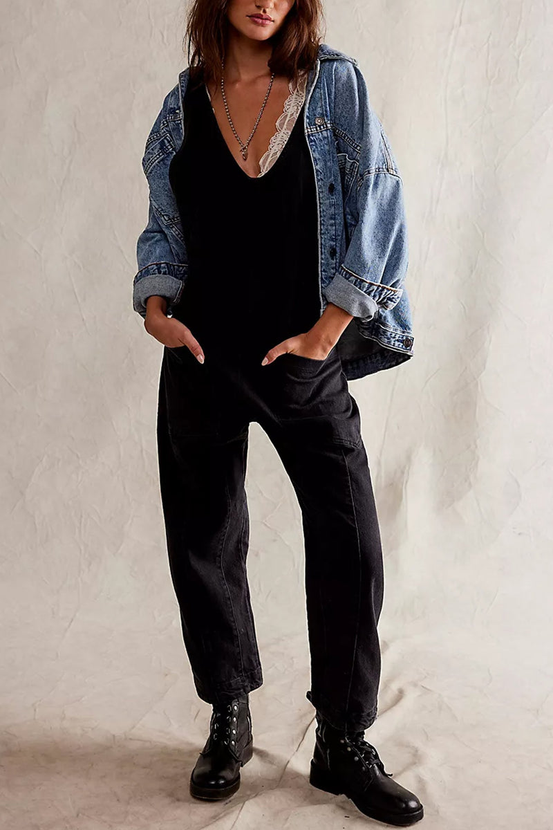 V Neck Pocketed Sleeveless Denim Jumpsuits