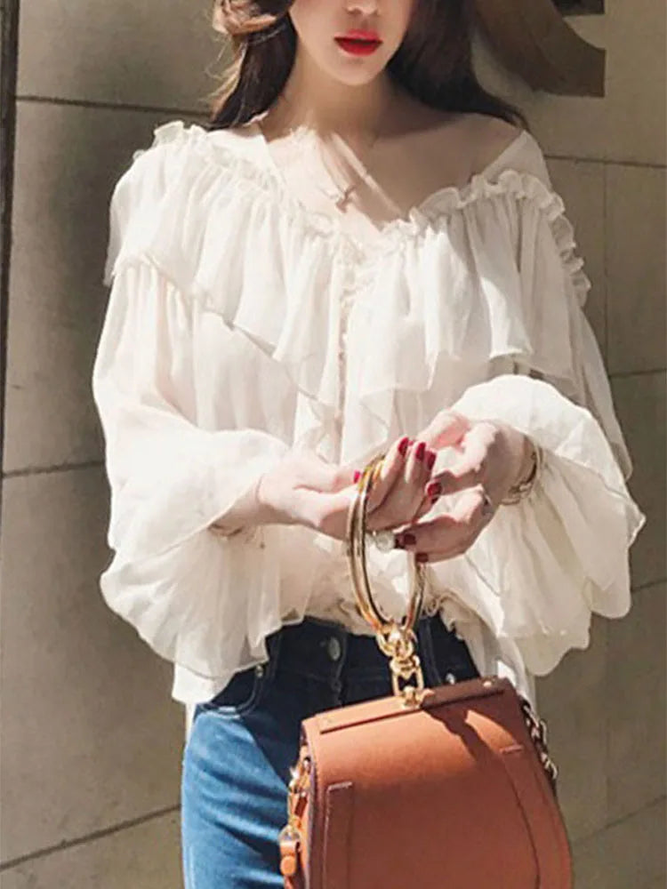 See Through Mesh Ruffle Blouse