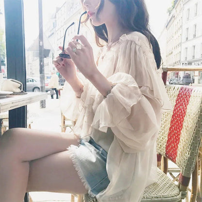 See Through Mesh Ruffle Blouse