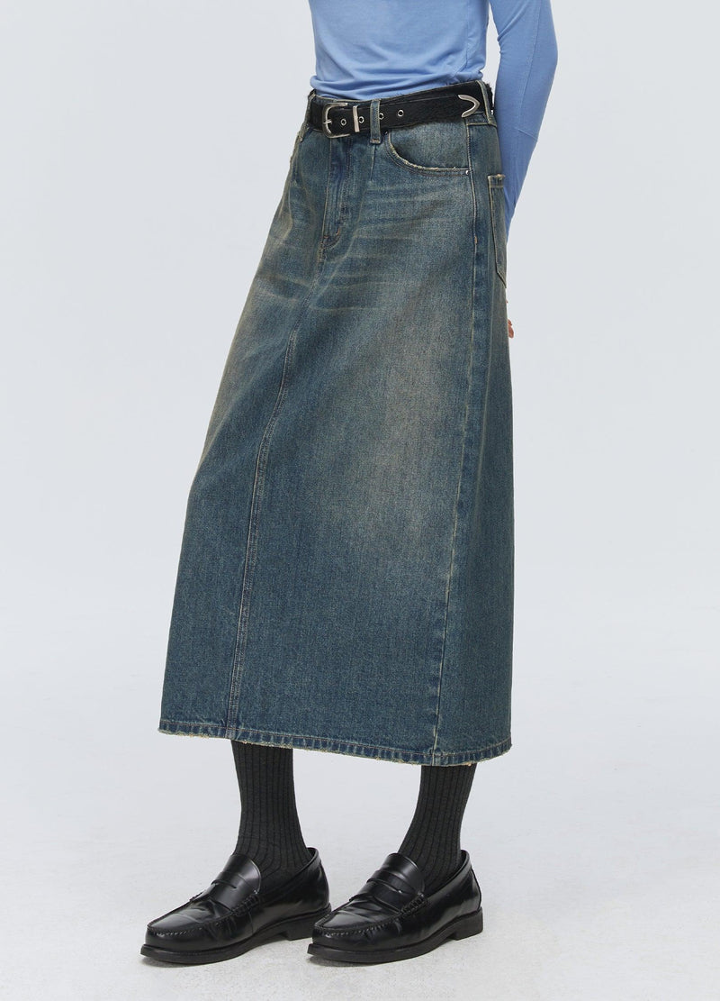 Washed Denim Split Skirt