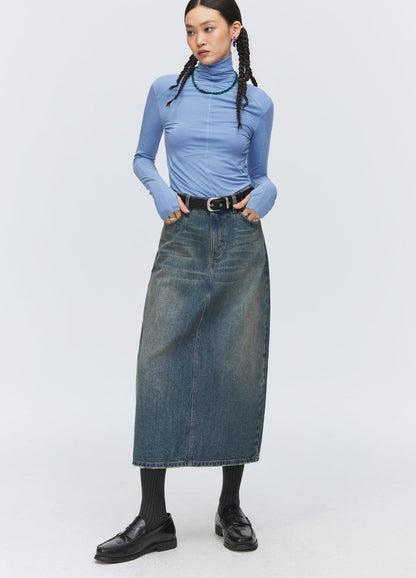 Washed Denim Split Skirt