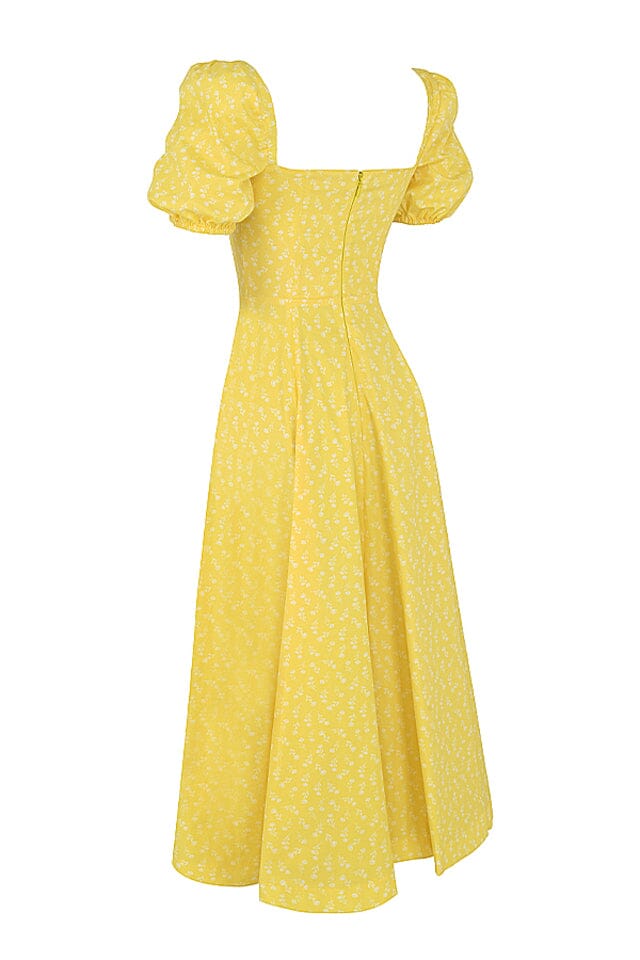 Puff Sleeve Midi Dress in Yellow