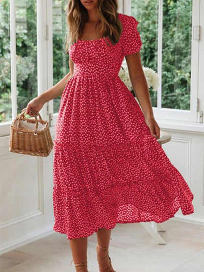 Vestidos Print Puff Sleeve Beach Sweet Square Maxi Long Festa Midi Dresses