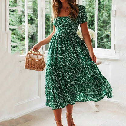 Vestidos Print Puff Sleeve Beach Sweet Square Maxi Long Festa Midi Dresses