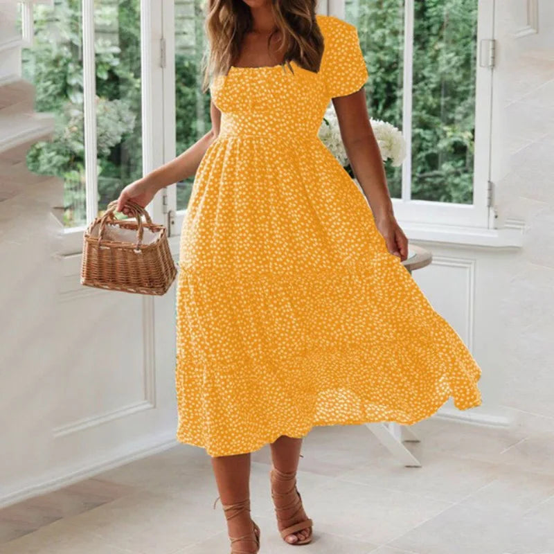 Vestidos Print Puff Sleeve Beach Sweet Square Maxi Long Festa Midi Dresses