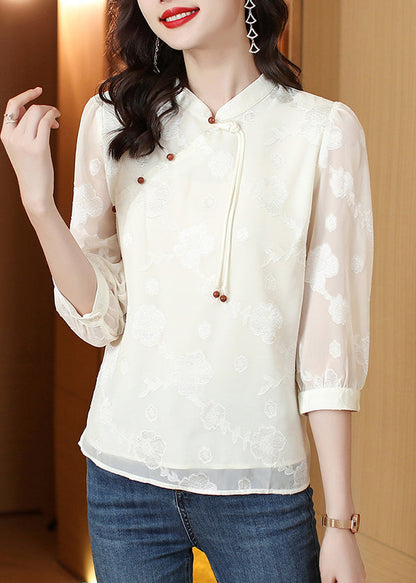Beige Mandarin Collar Tassel Jacquard Silk Blouses Half Sleeve Ly0421