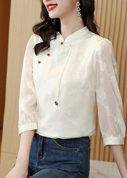 Beige Mandarin Collar Tassel Jacquard Silk Blouses Half Sleeve Ly0421