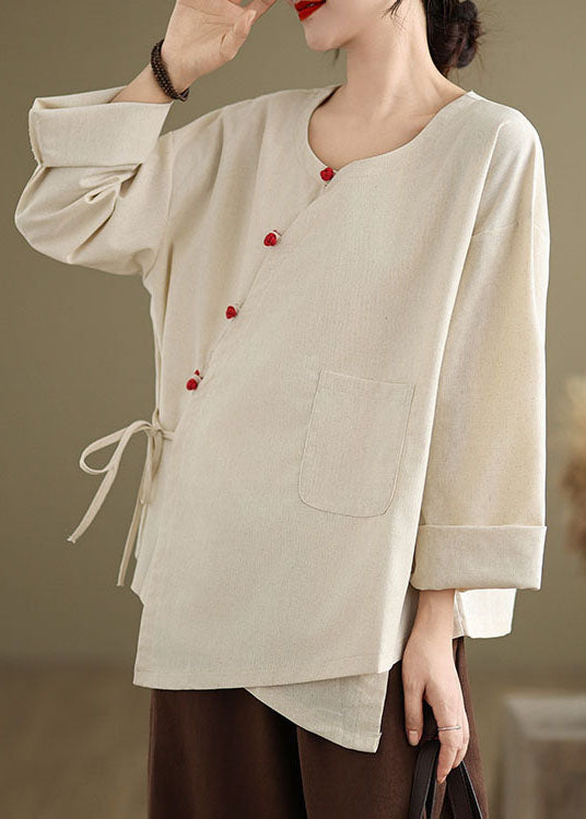 Beige O Neck Lace Up Patchwork Cotton Blouse Top Spring Tj010