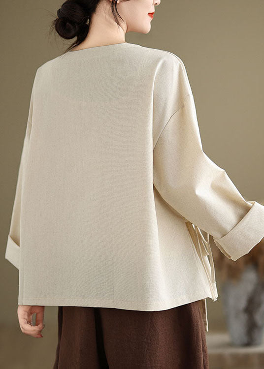 Beige O Neck Lace Up Patchwork Cotton Blouse Top Spring Tj010