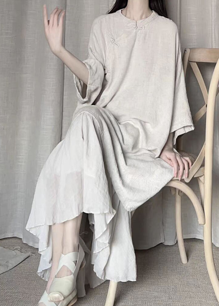 Beige Stand Collar Oriental Button Linen Long Dress Bracelet Sleeve Ru032