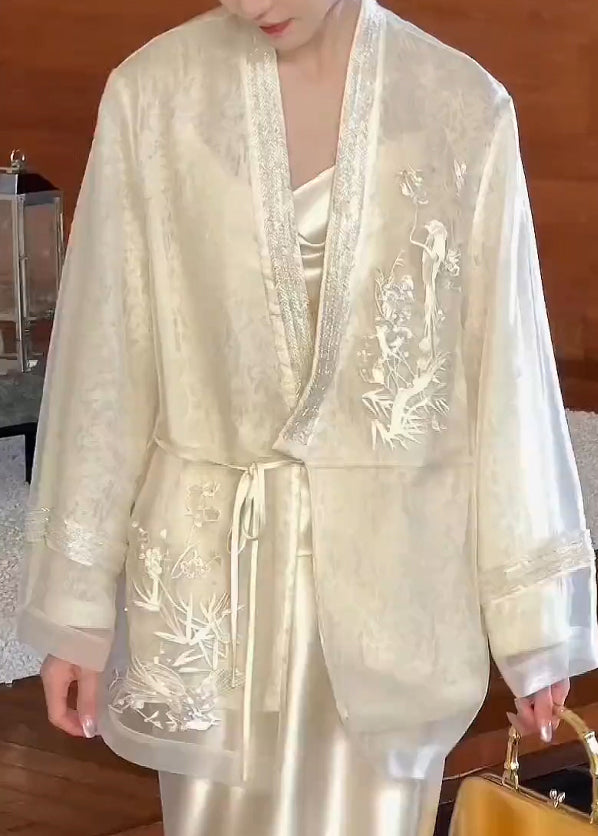 Beige V Neck Embroidered Lace Up Silk Cardigan Spring Yf016