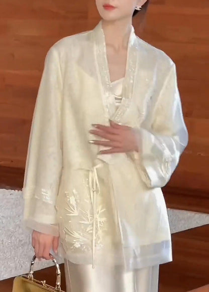 Beige V Neck Embroidered Lace Up Silk Cardigan Spring Yf016