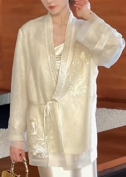 Beige V Neck Embroidered Lace Up Silk Cardigan Spring Yf016