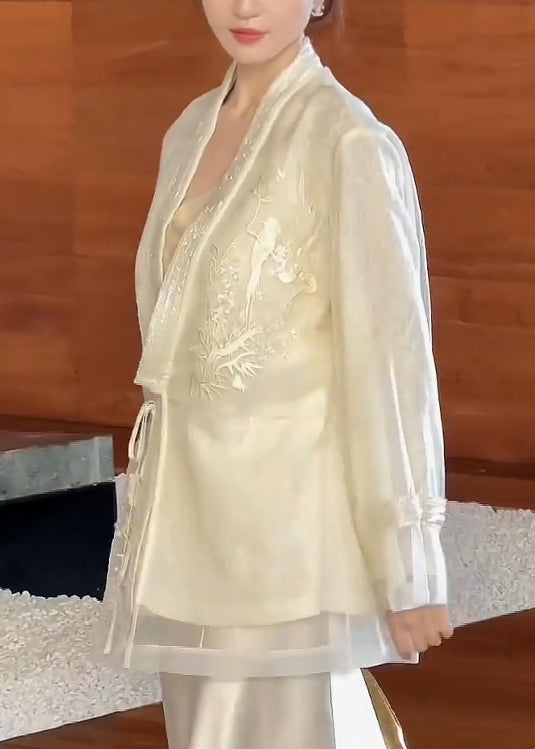 Beige V Neck Embroidered Lace Up Silk Cardigan Spring Yf016