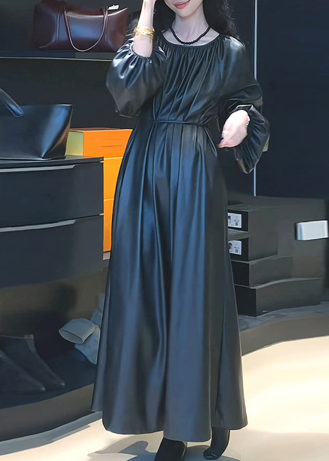 Black Cinched Tie Waist Pu Maxi Dresses Spring Rp022