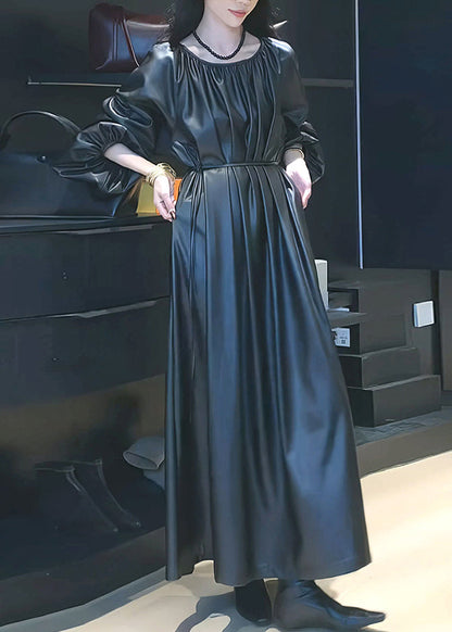 Black Cinched Tie Waist Pu Maxi Dresses Spring Rp022