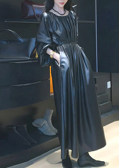 Black Cinched Tie Waist Pu Maxi Dresses Spring Rp022