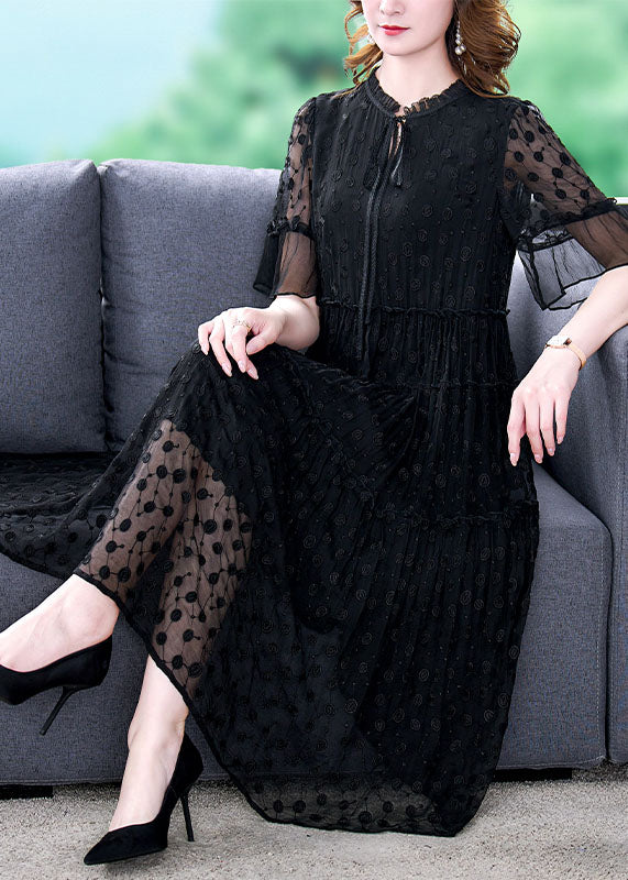 Black Embroidered Hollow Out Lace Long Dress Summer Yy011