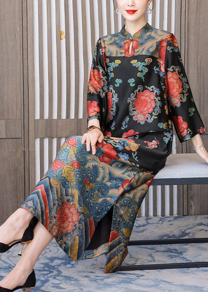 Black Mandarin Collar Print Silk Long Dresses Bracelet Sleeve Ly1710