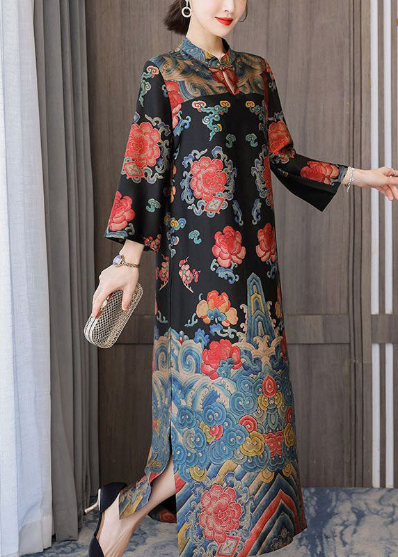 Black Mandarin Collar Print Silk Long Dresses Bracelet Sleeve Ly1710
