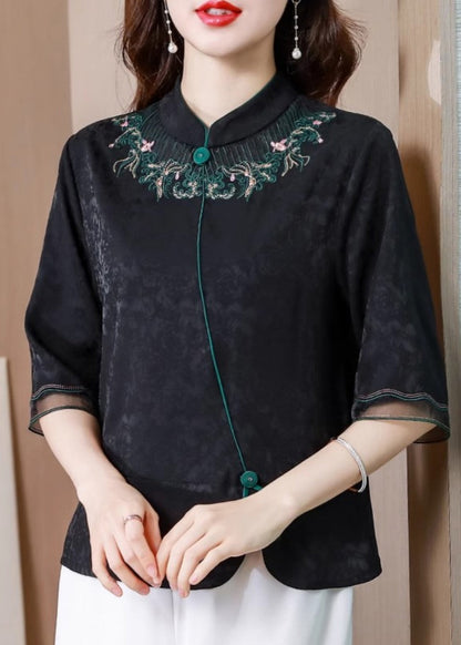 Black Stand Collar Embroidered Silk Blouse Top Summer Bb008