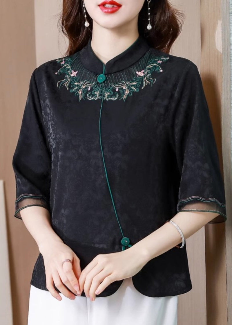 Black Stand Collar Embroidered Silk Blouse Top Summer Bb008