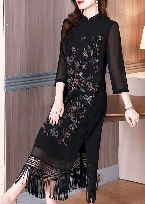 Black Tasseled Embroidered Silk Long Dresses Bracelet Sleeve Ha1035
