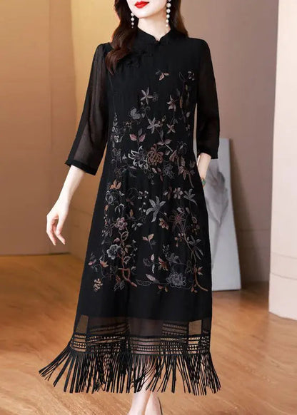 Black Tasseled Embroidered Silk Long Dresses Bracelet Sleeve Ha1035