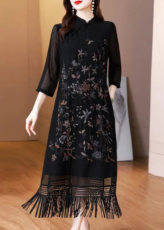 Black Tasseled Embroidered Silk Long Dresses Bracelet Sleeve Ha1035