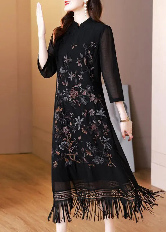 Black Tasseled Embroidered Silk Long Dresses Bracelet Sleeve Ha1035