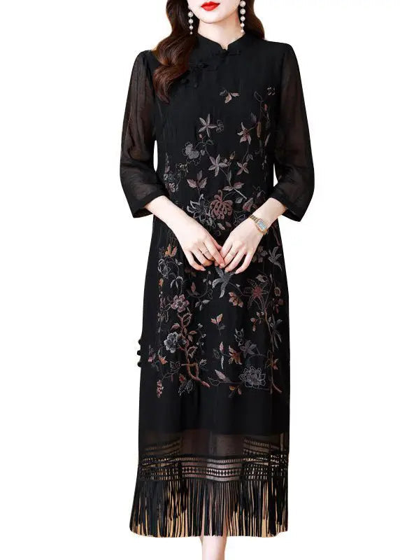 Black Tasseled Embroidered Silk Long Dresses Bracelet Sleeve Ha1035