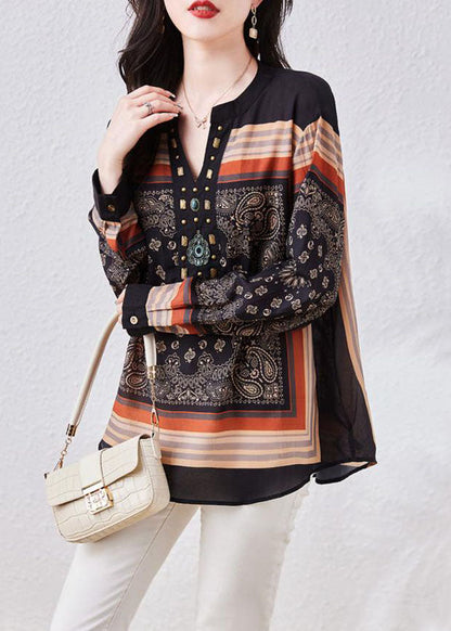 Black V Neck Print Patchwork Chiffon Blouses Long Sleeve Tq1026