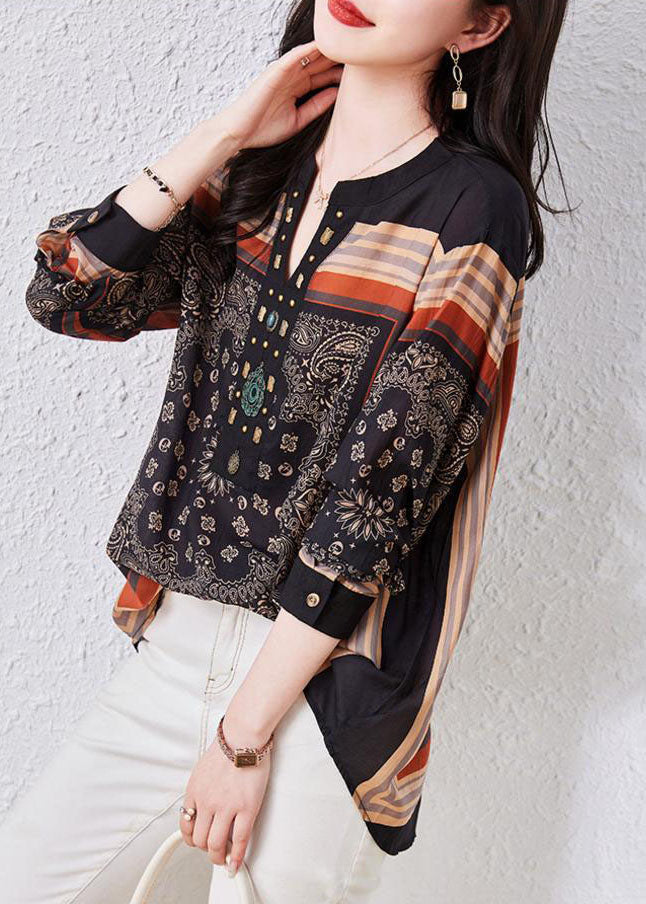 Black V Neck Print Patchwork Chiffon Blouses Long Sleeve Tq1026