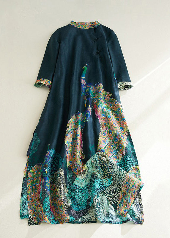 Blackish Green Stand Collar Print Side Open Long Dresses Short Sleeve Vv030