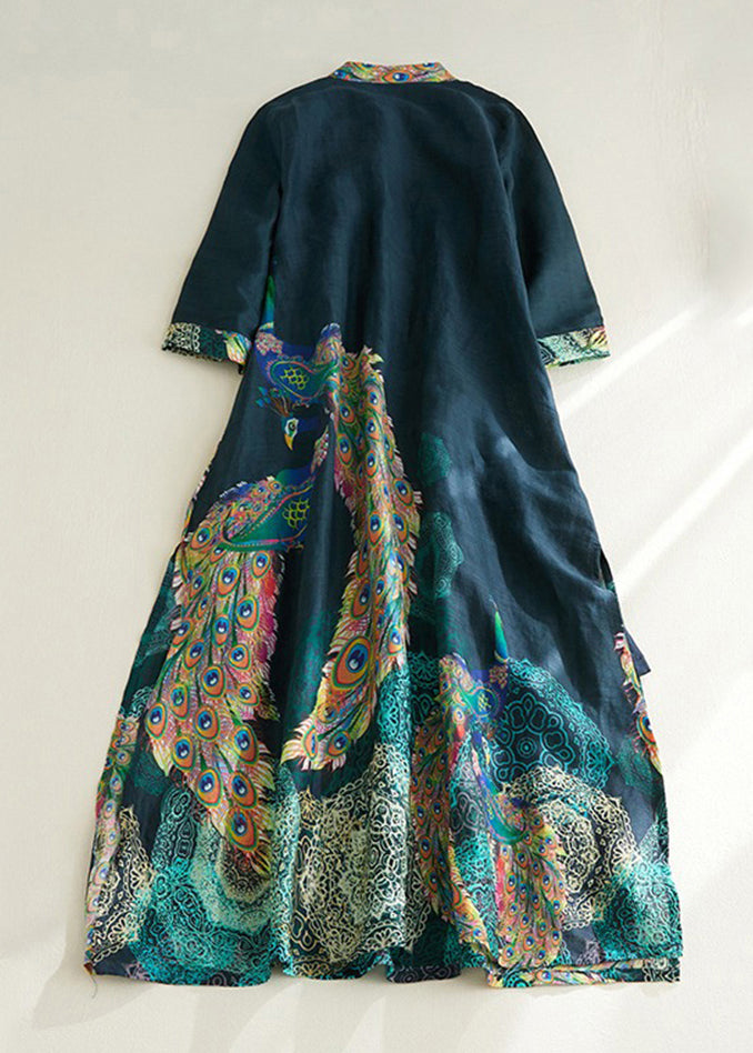 Blackish Green Stand Collar Print Side Open Long Dresses Short Sleeve Vv030