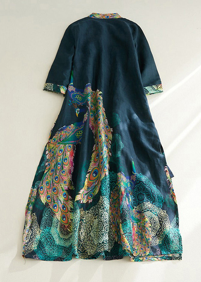 Blackish Green Stand Collar Print Side Open Long Dresses Short Sleeve Vv030