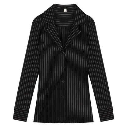 Blouses Black Stripe Slim Fit Shirts Long Sleeve Top Korean Office Lady Aesthetic Shirt